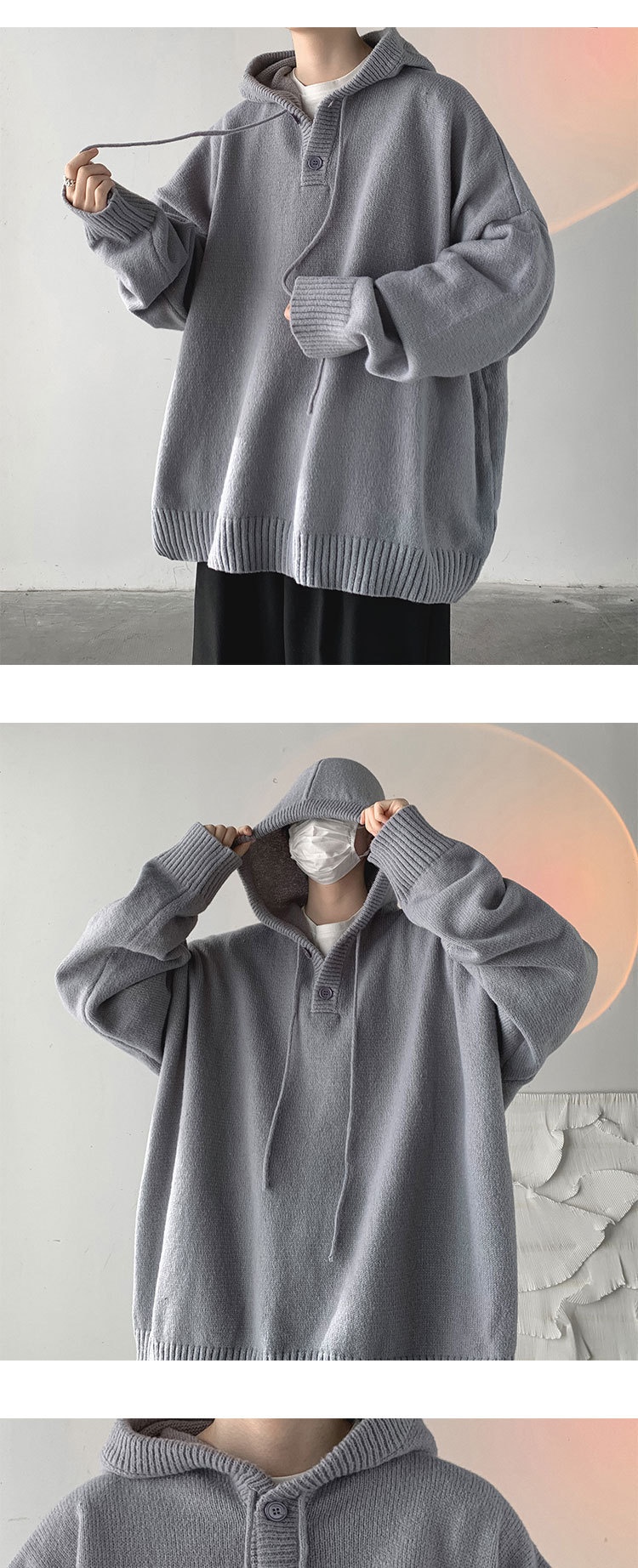 1 Hooded Turtleneck Sweater Men, Loose Fit, Lazy Style, Autumn And Winter, Japanese Retro Thick Knitted Cardigan For_voghion.com