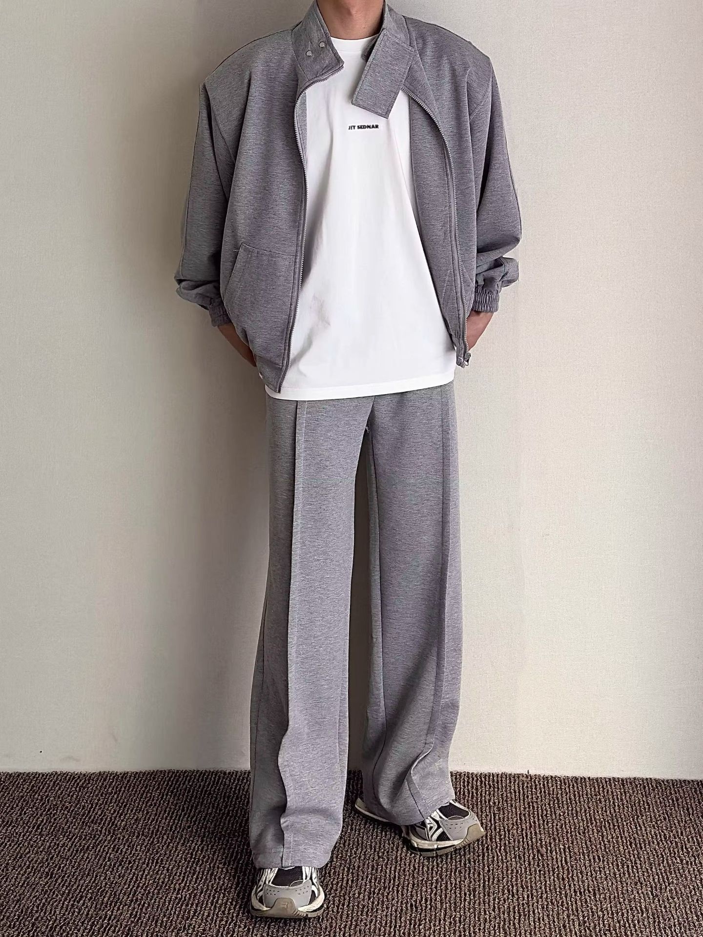 001 Felpa con collo alto, imbottita, stile casual, ampia, stile coreano, 2024, autunno, due pezzi, sportiva, tinta unita, alla moda_voghion.com