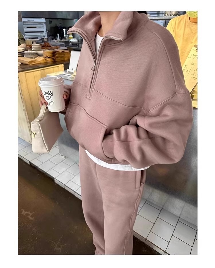 001 Casual sportpak voor dames, herfst/winter 2024 Nieuwe losse korte jas en wijde pijpen tweedelig set, rechte pijpen_voghion.com