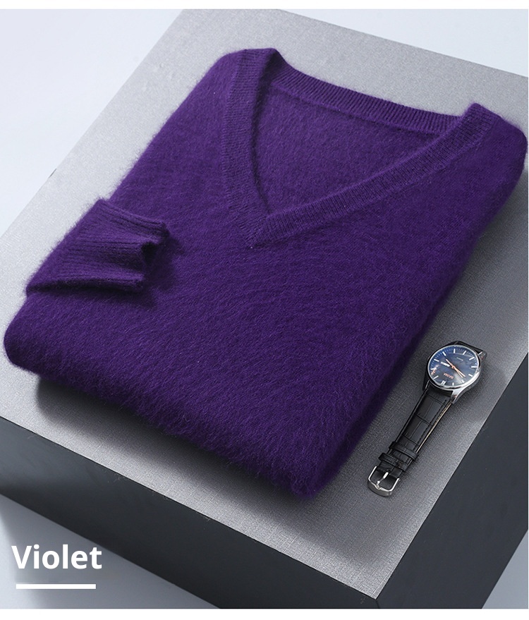 1 2023 Autumn Winter New Mink Men's V-Neck Loose Solid Color Pullover Wool Base Knitwear Cashmere Sweater_voghion.com