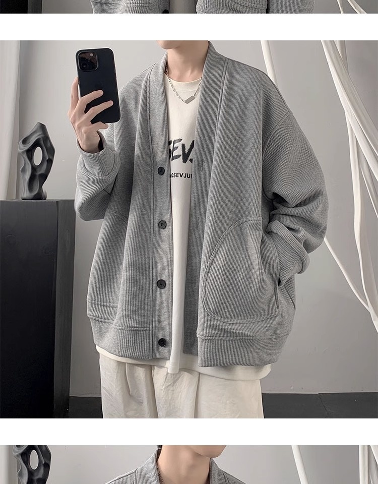 Jungen-Cardigan für Frühling und Herbst, schwere Ausführung, V-Ausschnitt, Waffelpiqué, locker geschnitten, trendige Marke, vielseitiger amerikanischer Stil_voghion.com