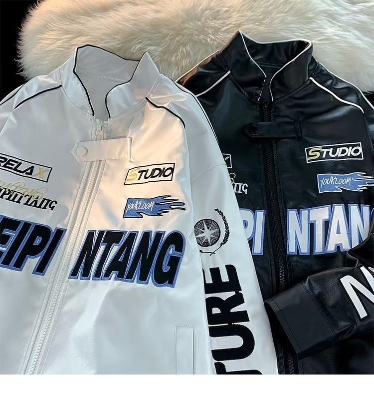 QFV507045555501<2 Veste bomber rétro américaine tendance en cuir PU pour homme, style baseball, printemps-automne._voghion.com