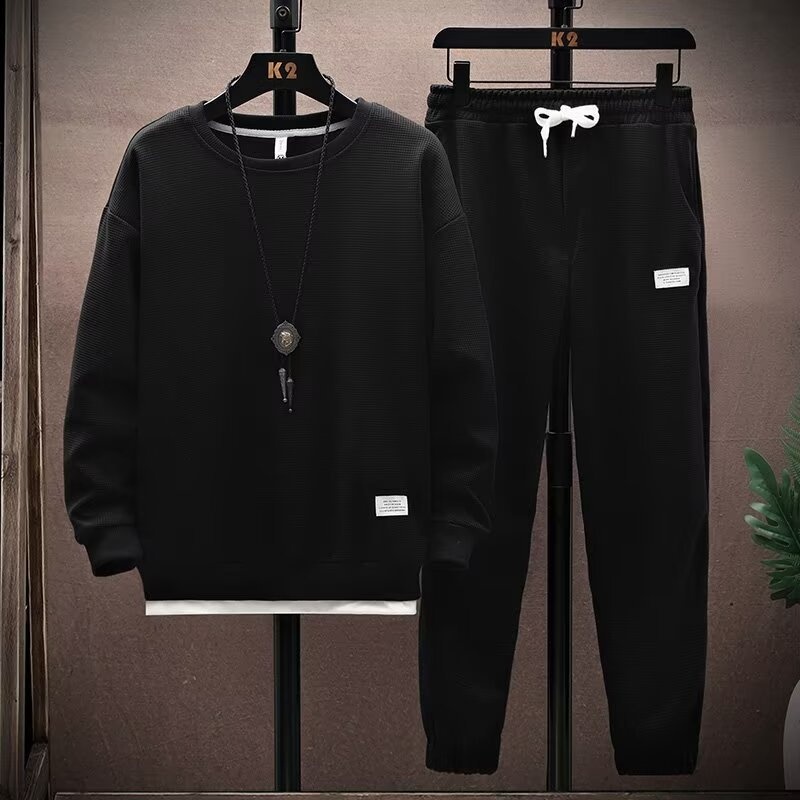 001 Casual Sports Suit For Men Spring And Autumn Round Neck Sleeve T-Shirt With Long Pants Youth Trendy Cool Full Set_voghion.com