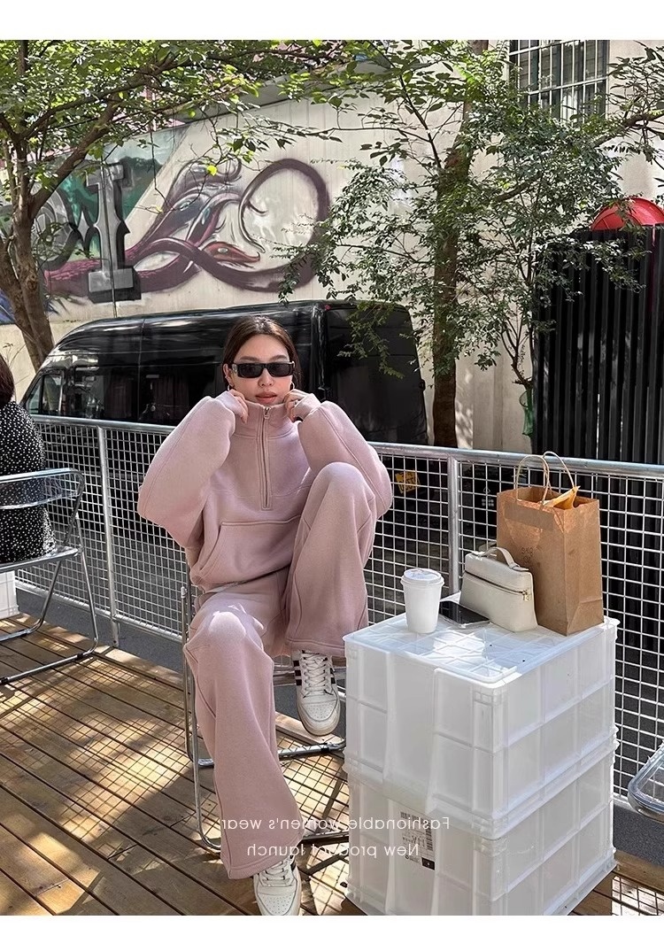 001 Casual sportpak voor dames, herfst/winter 2024 Nieuwe losse korte jas en wijde pijpen tweedelig set, rechte pijpen_voghion.com