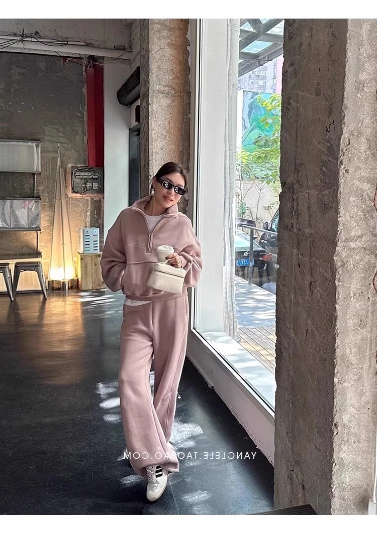 001 Casual sportpak voor dames, herfst/winter 2024 Nieuwe losse korte jas en wijde pijpen tweedelig set, rechte pijpen_voghion.com