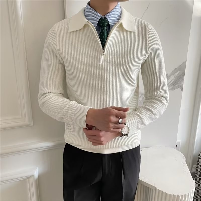 1 Design Sense Turn-down Collar Knitted Men Polo Half Zipper 22 Autumn Winter New Korean Version Loose Heavyweight Sweater_voghion.com