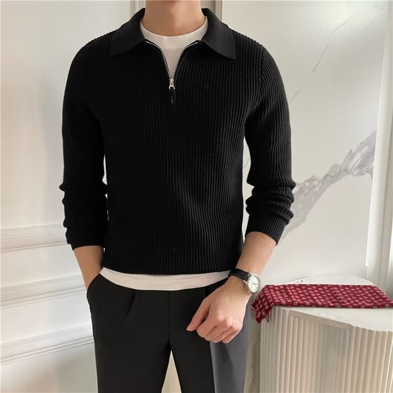 1 Design Sense Turn-down Collar Knitted Men Polo Half Zipper 22 Autumn Winter New Korean Version Loose Heavyweight Sweater_voghion.com