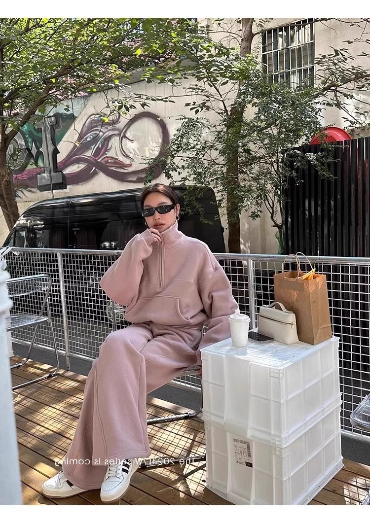 001 Casual sportpak voor dames, herfst/winter 2024 Nieuwe losse korte jas en wijde pijpen tweedelig set, rechte pijpen_voghion.com