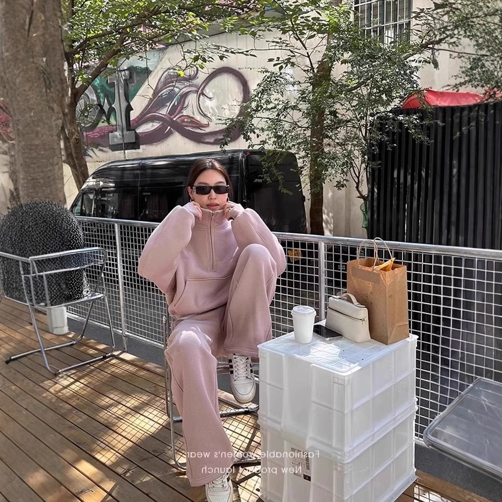 001 Casual sportpak voor dames, herfst/winter 2024 Nieuwe losse korte jas en wijde pijpen tweedelig set, rechte pijpen_voghion.com