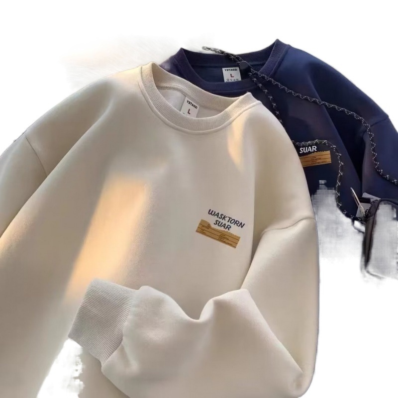 boy Boy 2024 American Style Cool Retro Heavyweight Crew Neck Sweatshirt For Men Autumn Winter Fleece Loose Trendy Brand Handsome_voghion.com