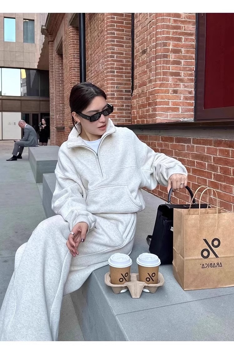 001 Casual sportpak voor dames, herfst/winter 2024 Nieuwe losse korte jas en wijde pijpen tweedelig set, rechte pijpen_voghion.com