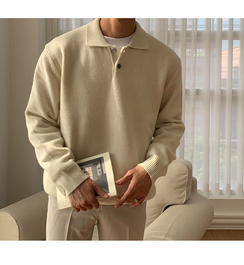 1 maglione da uomo in maglia stile Hong Kong, versatile, casual, coreano, tinta unita, con colletto polo autunnale_voghion.com