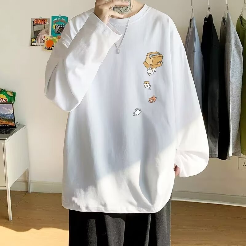 boy Boy Printed Versatile Long Sleeve T-Shirt For Men 2024 Spring And Autumn Trendy Brand Loose Fit Youth Casual Base Shirt Tee_voghion.com