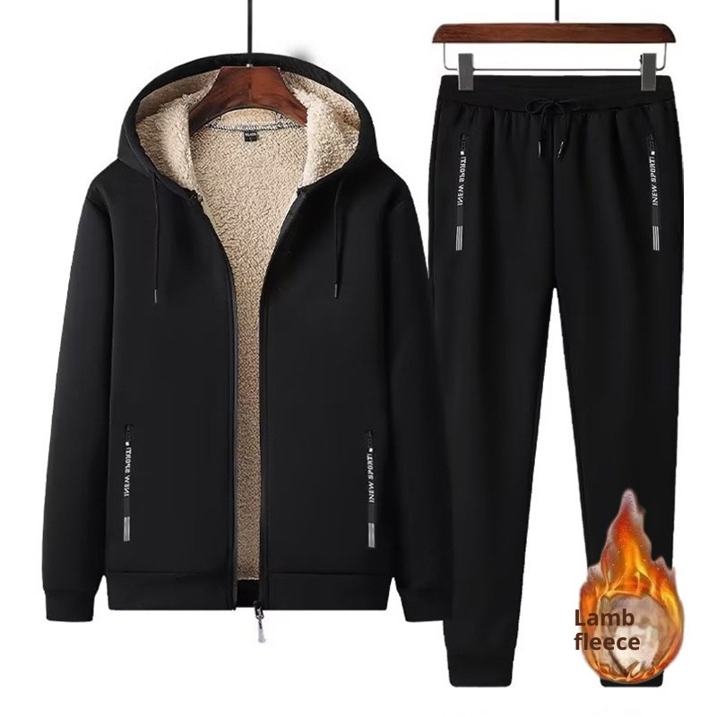001 Men's Winter Fleece-Lined Thickened Lamb Wool Hooded Jacket Casual Sports Suit Trendy Clothing Pants Large Cross-Border_voghion.com