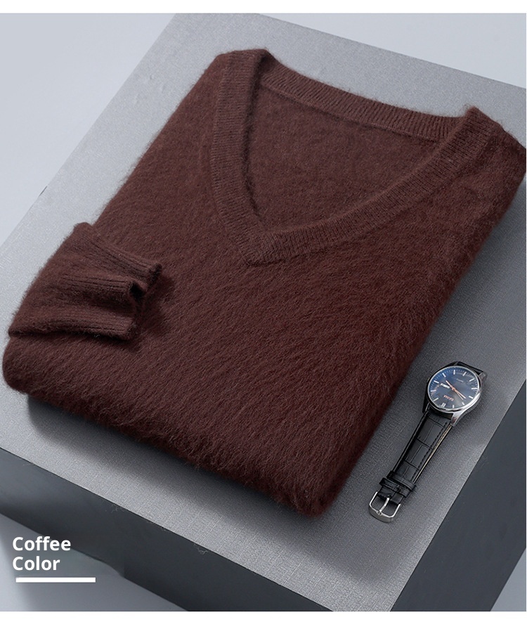 1 2023 Autumn Winter New Mink Men's V-Neck Loose Solid Color Pullover Wool Base Knitwear Cashmere Sweater_voghion.com