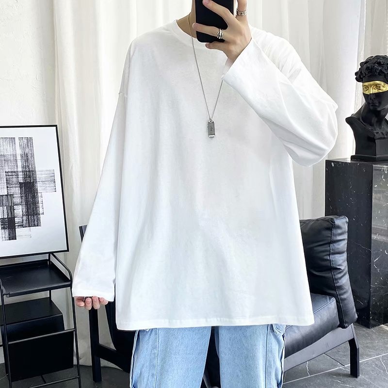 ragazzo Ragazzo Autunno Manica Lunga Per Uomo Vestibilità Larga Versatile Stile Hong Kong Trendy Marchio Tinta Unita Base Maglietta Top Pubblicità Vuota_voghion.com