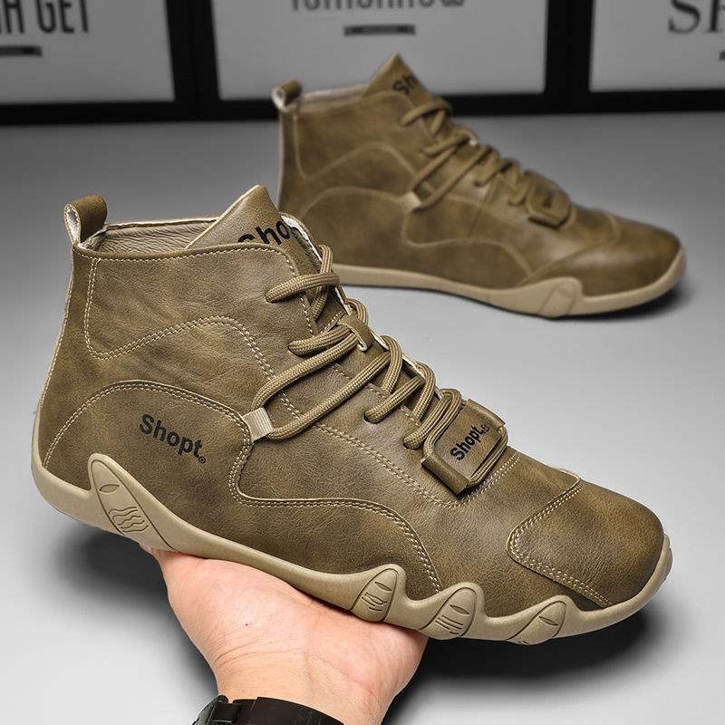 ShoeGlobe Men's Autumn Winter High-top Outdoor Hiking Waterproof Non-slip Leather Work Safety Martin Boots Trendy Fleece-lined_voghion.com