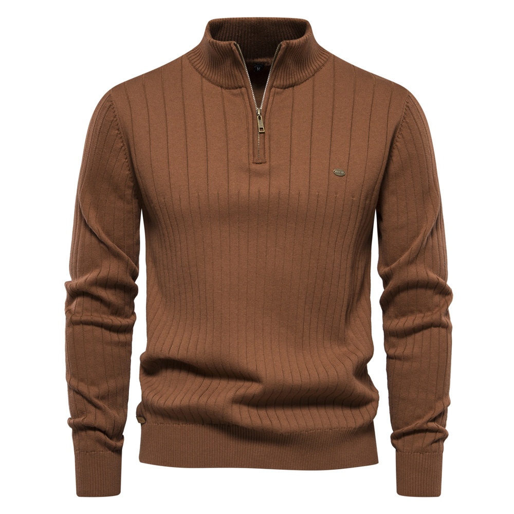 1 Autumn Winter New European Size Cross-Border Stand Collar Men's Half-Zip Solid Color Knitted High-Quality Export Sweater_voghion.com