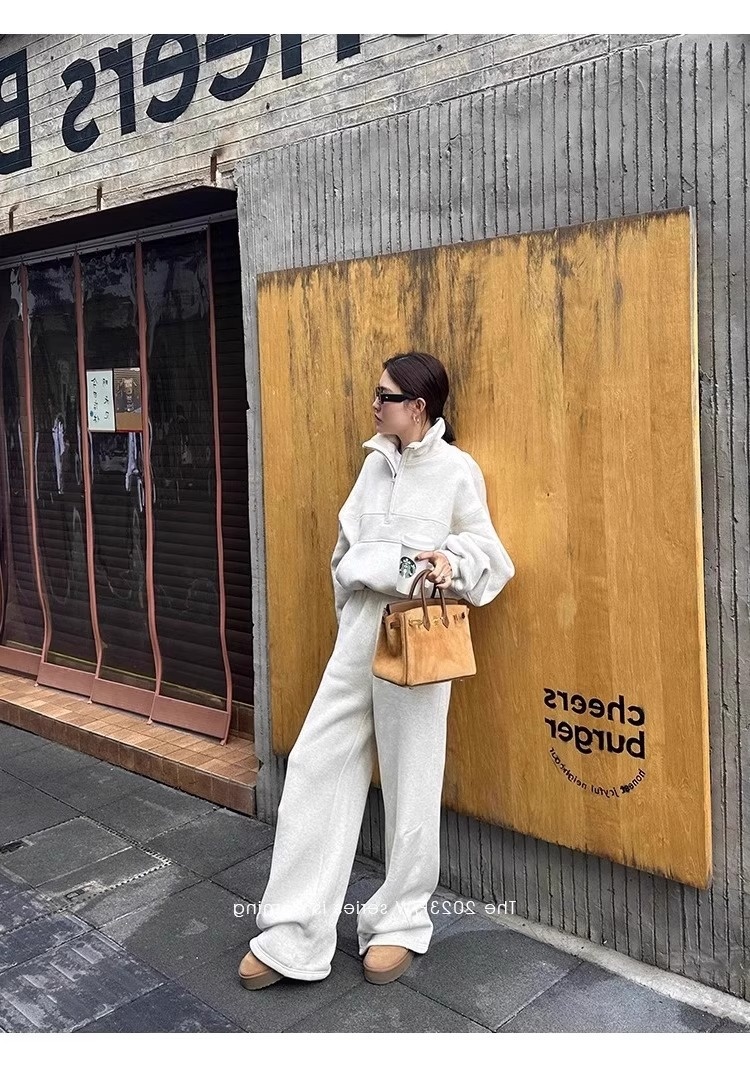 001 Casual sportpak voor dames, herfst/winter 2024 Nieuwe losse korte jas en wijde pijpen tweedelig set, rechte pijpen_voghion.com