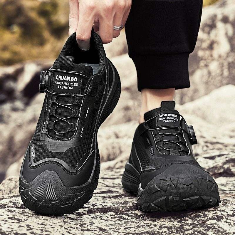 ShoeGlobe Rotating Button Men's Summer Waterproof Non-Slip Sports Outdoor Hiking Soft Sole Work Black Safety Trendy Shoes_voghion.com