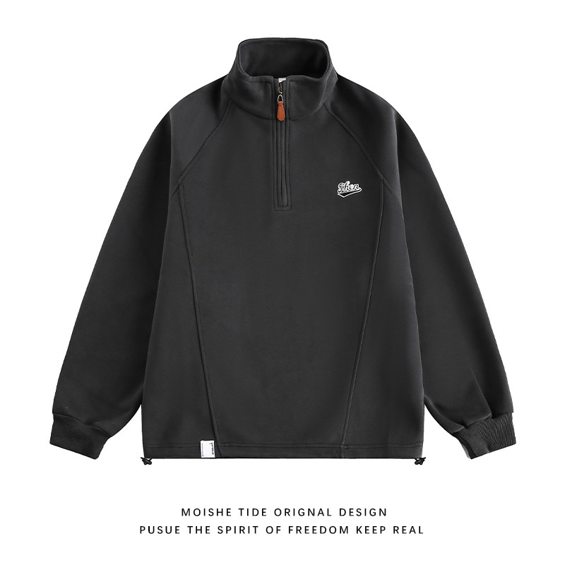 boy Boy Youth Heavy Loose Casual Sweatshirt American Style Trendy Oversize Embroidered Stand Collar Half-Zip Sports Top_voghion.com