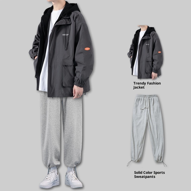 001 Herbstlicher zweiteiliger Herren-Windbreaker, lässiger Sportanzug mit lockerer Passform_voghion.com