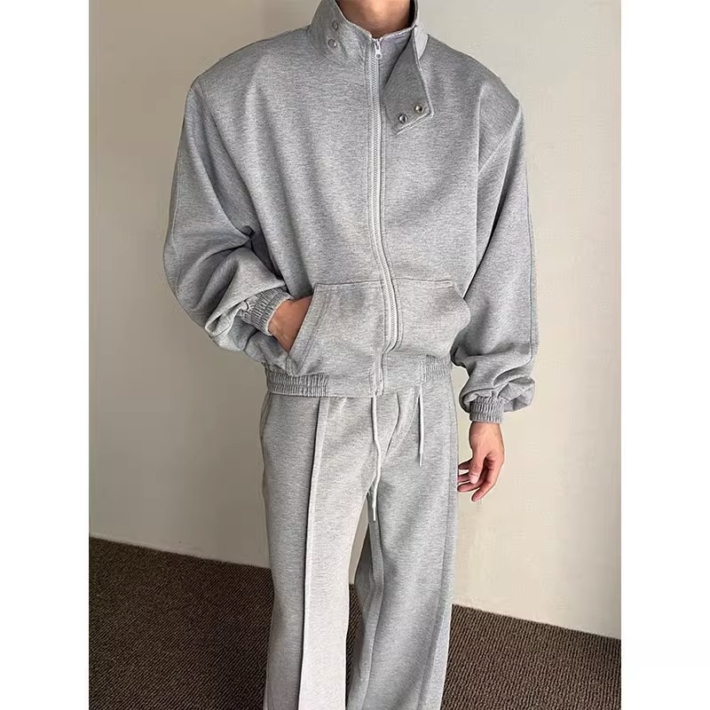 001 Felpa con collo alto, imbottita, stile casual, ampia, stile coreano, 2024, autunno, due pezzi, sportiva, tinta unita, alla moda_voghion.com