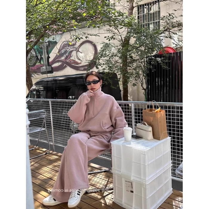 001 Casual sportpak voor dames, herfst/winter 2024 Nieuwe losse korte jas en wijde pijpen tweedelig set, rechte pijpen_voghion.com