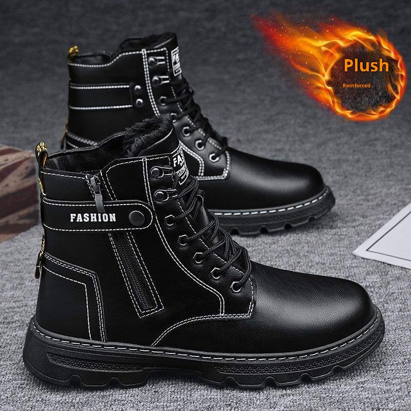 ShoeGlobe High-Top Herren Winterschuhe mit Fleecefutter, dicker, warmer Doppel-Baumwoll-Sohle, geeignet für Outdoor-Aktivitäten wie Wandern, Wandern und Motorradfahren. Wasserdicht._voghion.com