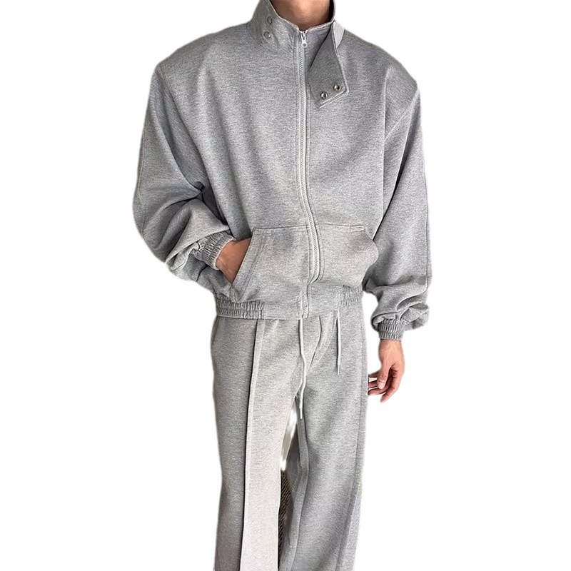 001 Felpa con collo alto, imbottita, stile casual, ampia, stile coreano, 2024, autunno, due pezzi, sportiva, tinta unita, alla moda_voghion.com