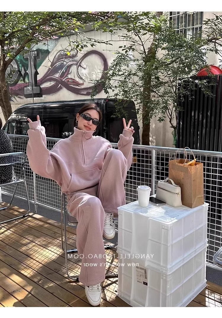 001 Casual sportpak voor dames, herfst/winter 2024 Nieuwe losse korte jas en wijde pijpen tweedelig set, rechte pijpen_voghion.com