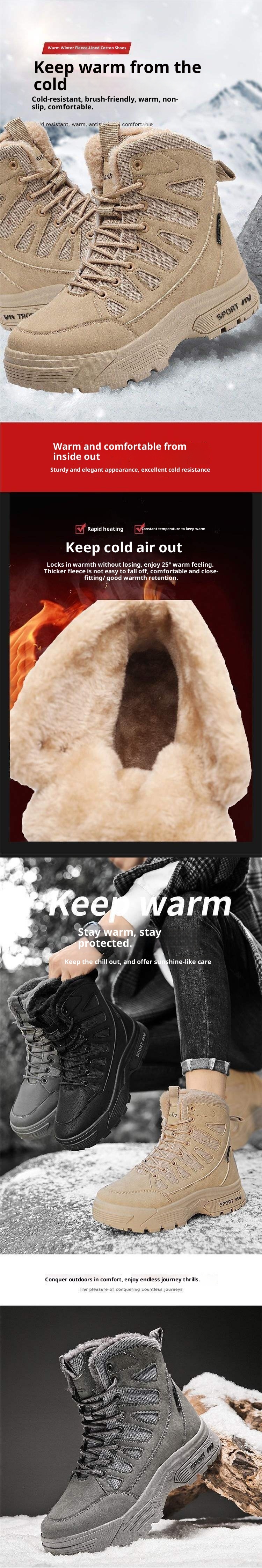 Bottes d'hiver ShoeGlobe imperméables en coton doublées polaire, chaudes et épaisses, pour la neige, le travail, la randonnée et l'entraînement. Semelle épaisse antidérapante. Idéales pour le travail, la randonnée et l'entraînement._voghion.com