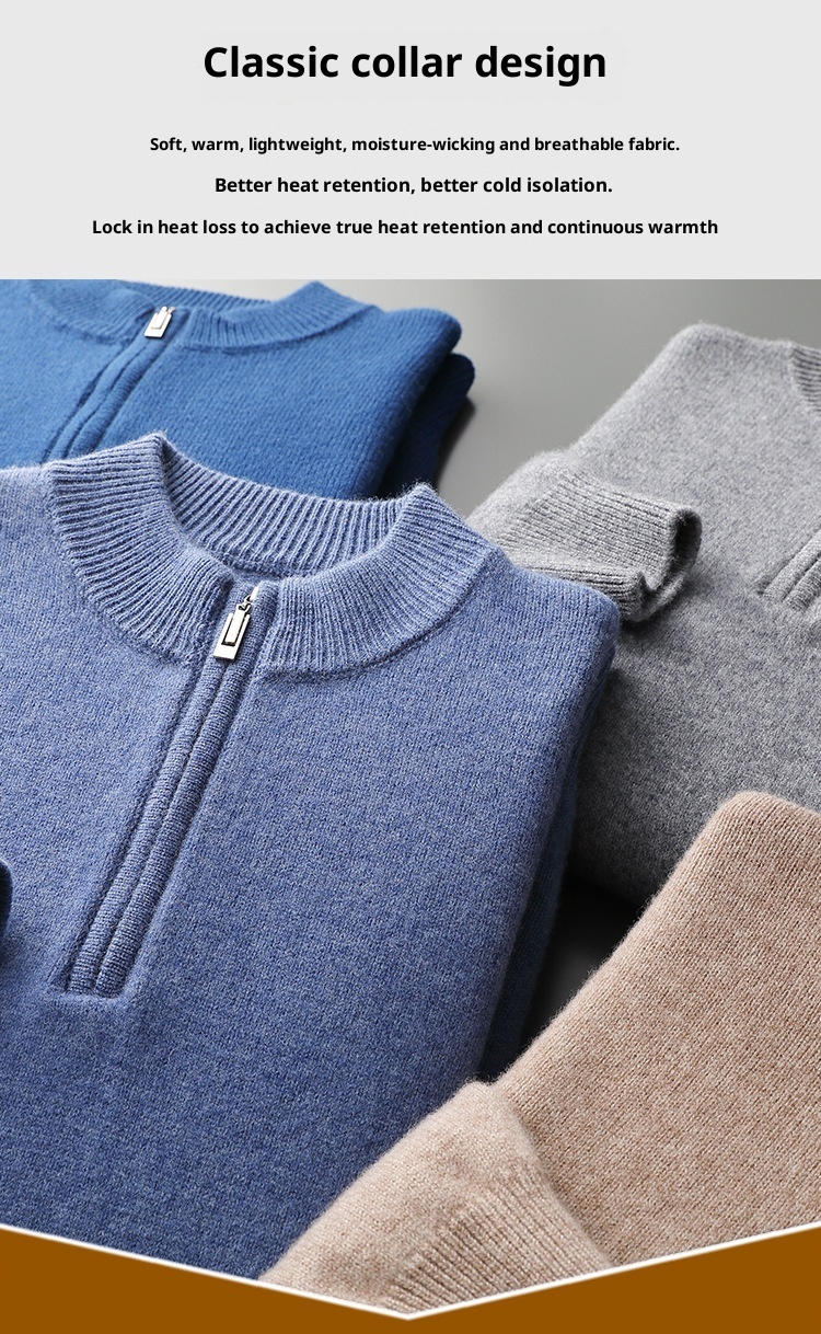 1 100% Wool Sweater For Men, Half Turtleneck, Zipper, Thickened Base Sweater, Autumn Winter Business Casual Solid Color_voghion.com