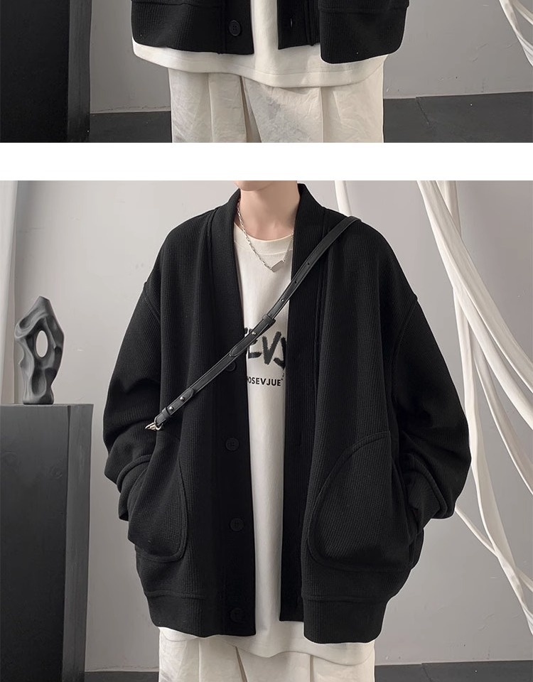 Jungen-Cardigan für Frühling und Herbst, schwere Ausführung, V-Ausschnitt, Waffelpiqué, locker geschnitten, trendige Marke, vielseitiger amerikanischer Stil_voghion.com