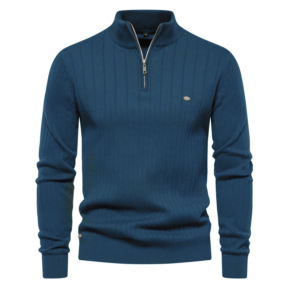1 Autumn Winter New European Size Cross-Border Stand Collar Men's Half-Zip Solid Color Knitted High-Quality Export Sweater_voghion.com