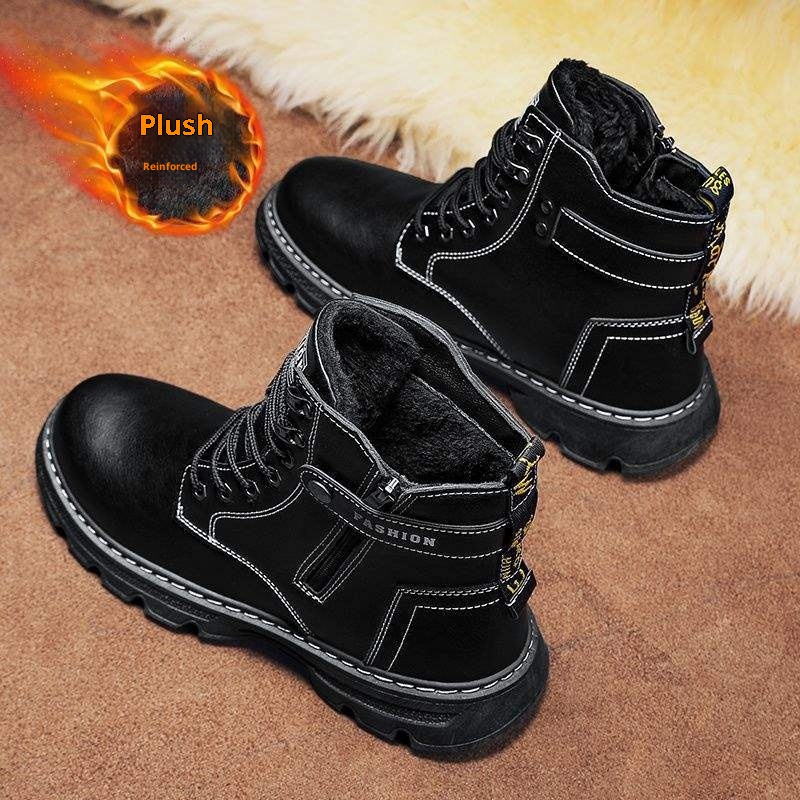 ShoeGlobe High-Top Herren Winterschuhe mit Fleecefutter, dicker, warmer Doppel-Baumwoll-Sohle, geeignet für Outdoor-Aktivitäten wie Wandern, Wandern und Motorradfahren. Wasserdicht._voghion.com