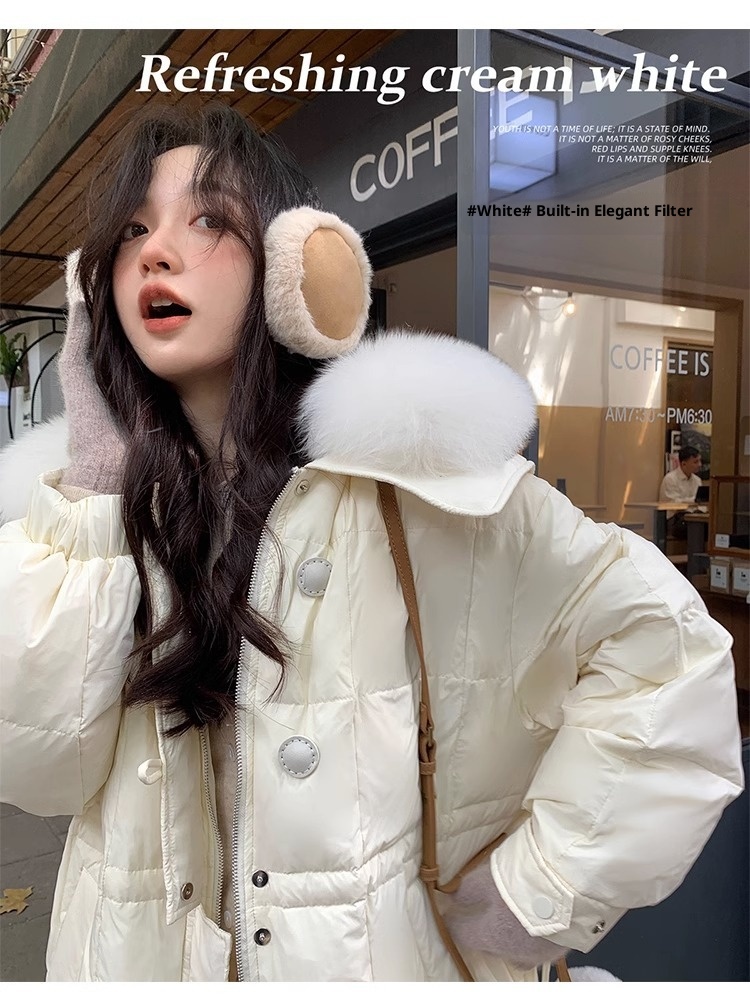 ChicShe White Duck Fox Fur Down Jacket For Women, Mid-Length, 2025 Autumn Winter New Style, Petite Design, Niche Slimming Trendy_voghion.com