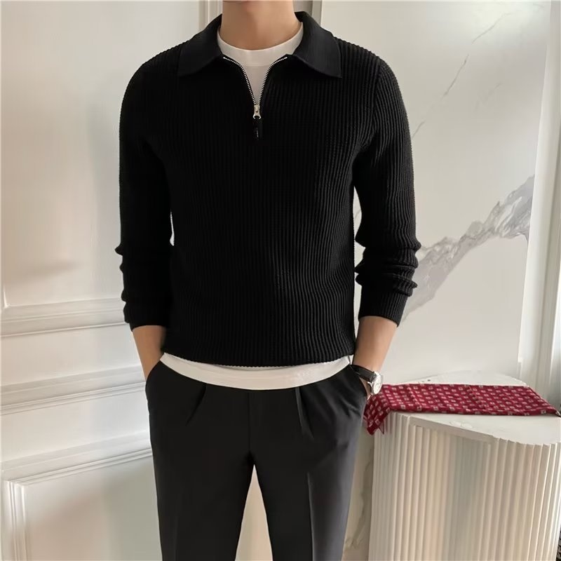 1 Design Sense Turn-down Collar Knitted Men Polo Half Zipper 22 Autumn Winter New Korean Version Loose Heavyweight Sweater_voghion.com