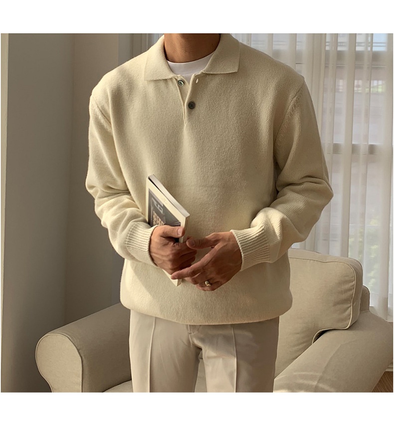 1 maglione da uomo in maglia stile Hong Kong, versatile, casual, coreano, tinta unita, con colletto polo autunnale_voghion.com