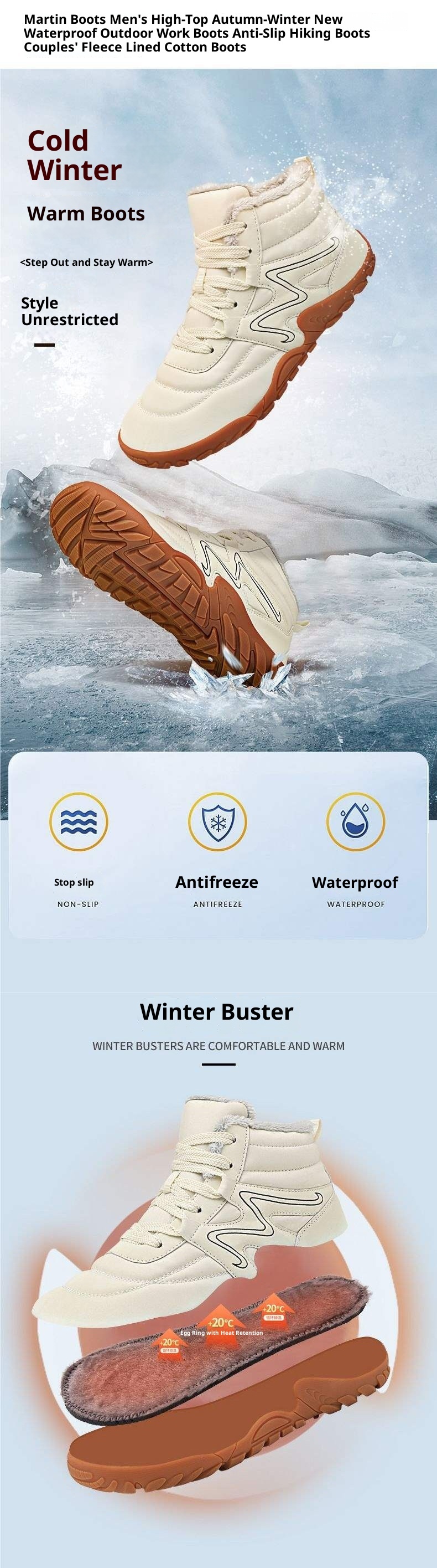 ShoeGlobe Men's Martin Boots High Top Autumn Winter New Waterproof Outdoor Work Non-Slip Hiking Couple Style Fleece-Lined Cotton_voghion.com