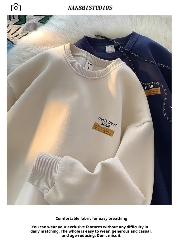 boy Boy 2024 American Style Cool Retro Heavyweight Crew Neck Sweatshirt For Men Autumn Winter Fleece Loose Trendy Brand Handsome_voghion.com