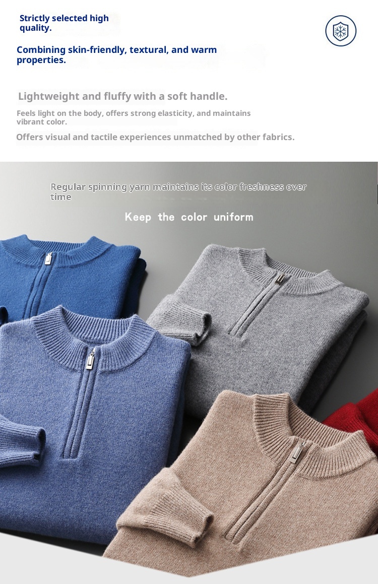 1 100% Wool Sweater For Men, Half Turtleneck, Zipper, Thickened Base Sweater, Autumn Winter Business Casual Solid Color_voghion.com