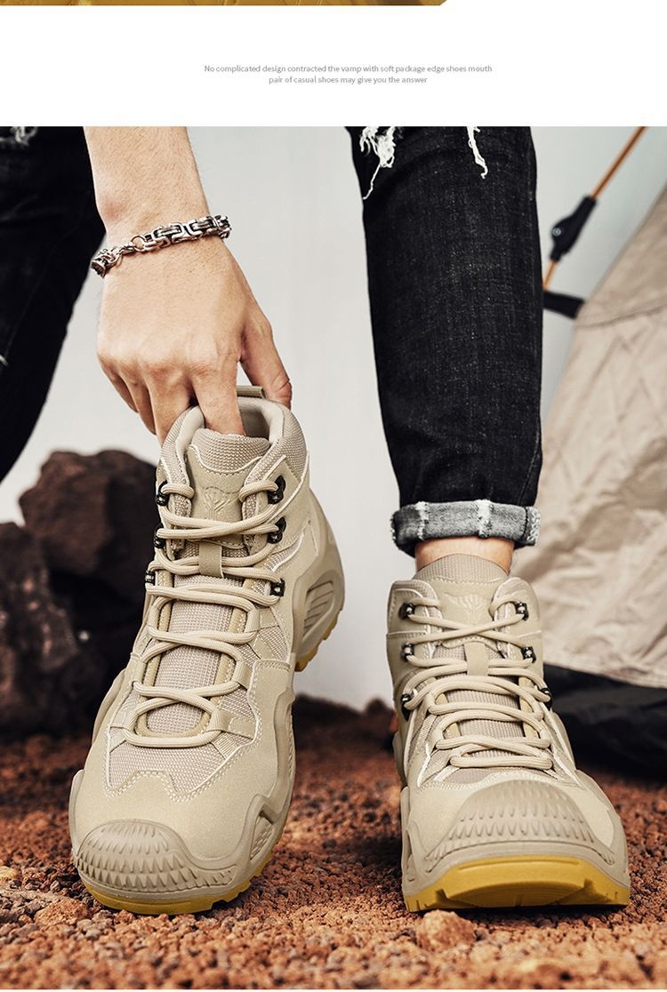 ShoeGlobe Outdoor Mid-Top Waterproof Hiking Sports Versatile Men's Combat Desert Boots Breathable Non-Slip Wear-Resistant_voghion.com