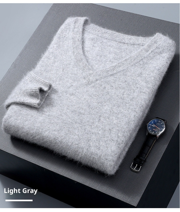 1 2023 Autumn Winter New Mink Men's V-Neck Loose Solid Color Pullover Wool Base Knitwear Cashmere Sweater_voghion.com