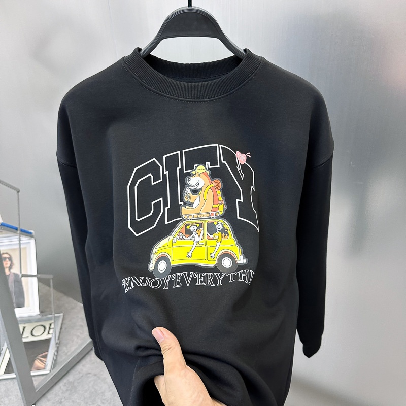 Pull homme à col rond noir en polaire, motif maison d'oiseau, style automne-hiver, tendance._voghion.com