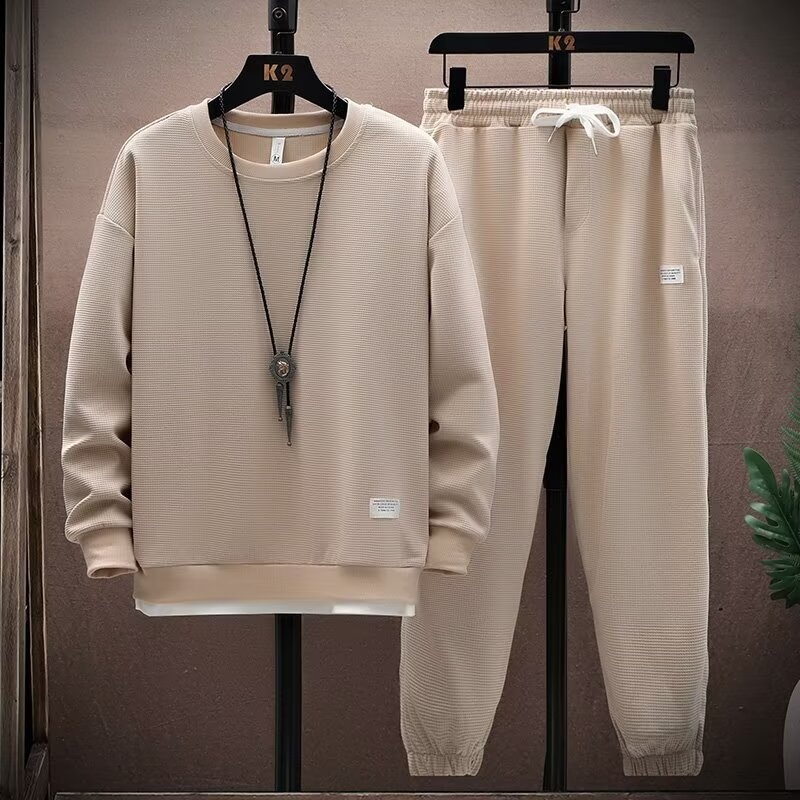 001 Casual Sports Suit For Men Spring And Autumn Round Neck Sleeve T-Shirt With Long Pants Youth Trendy Cool Full Set_voghion.com
