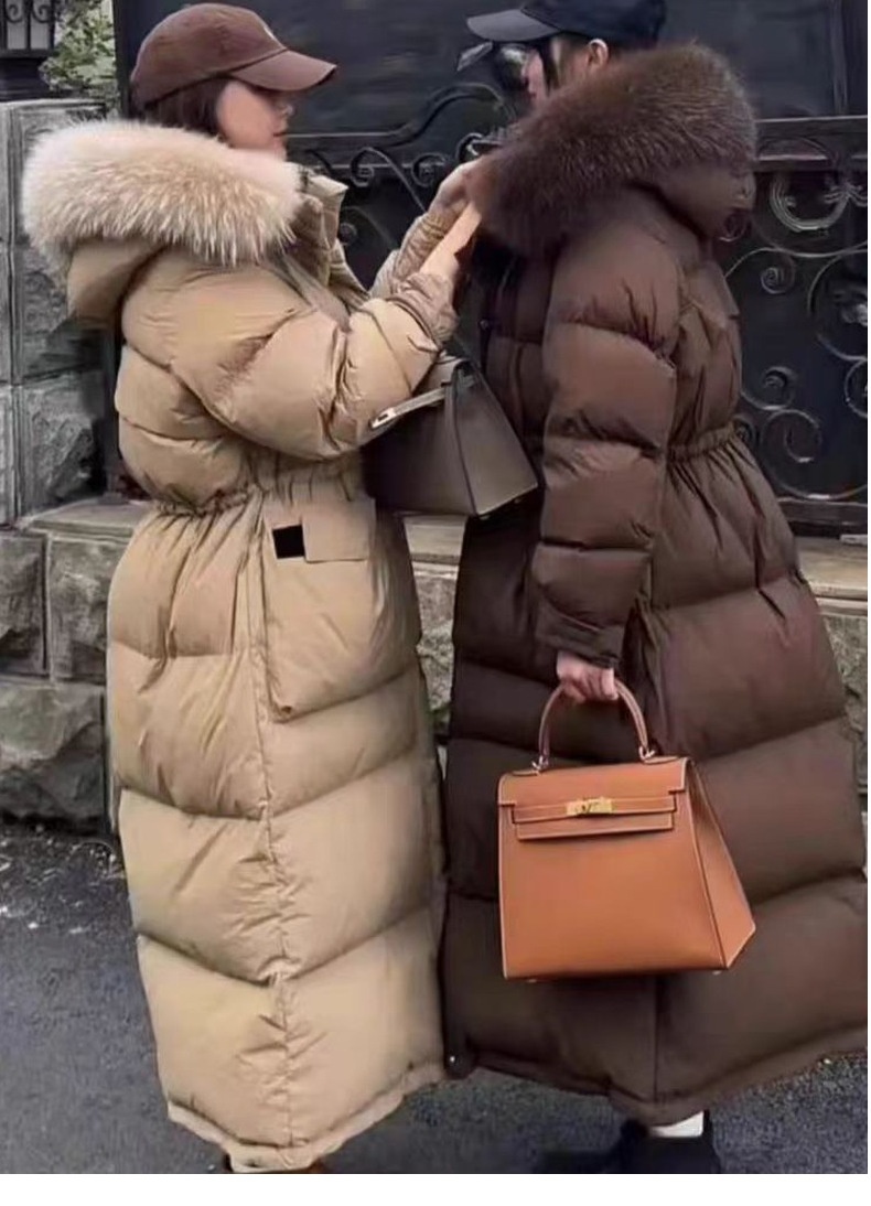 ChicShe 2024 New Winter Large Fur Collar Hooded Thickened Long White Duck Warm Korean Style Women's Down Jacket Coat_voghion.com