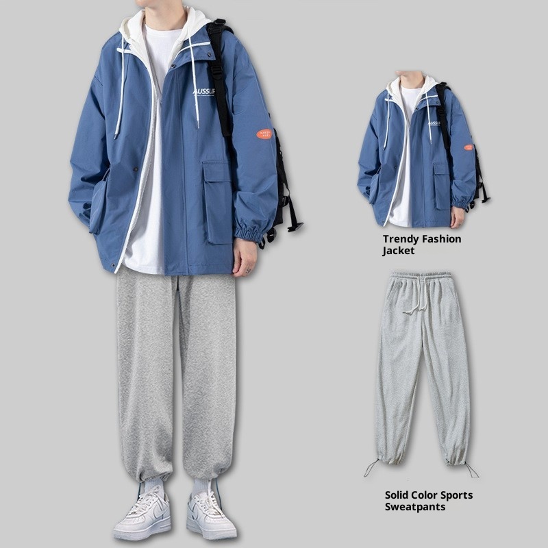 001 Herbstlicher zweiteiliger Herren-Windbreaker, lässiger Sportanzug mit lockerer Passform_voghion.com