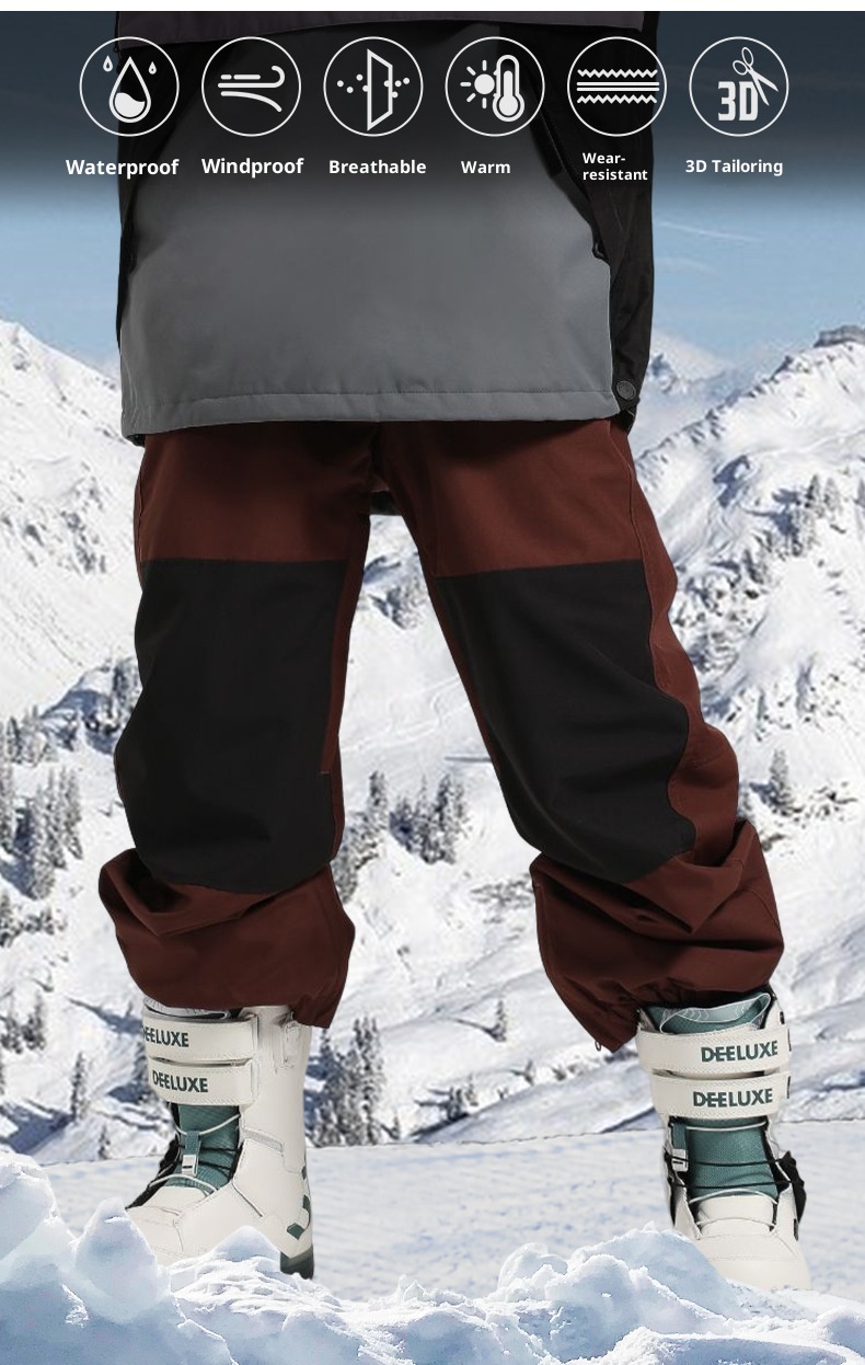 001 Damen-Snowboardhose mit Bündchen, locker geschnitten, wasserdicht, atmungsaktiv, warm, farblich abgesetzt, Arbeitshose, Schneehose für Herren, Outdoor-Skibekleidung_voghion.com