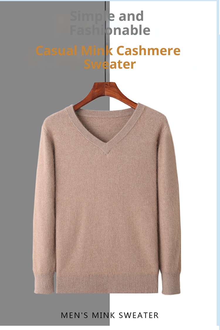 1 2023 Autumn Winter New Mink Men's V-Neck Loose Solid Color Pullover Wool Base Knitwear Cashmere Sweater_voghion.com